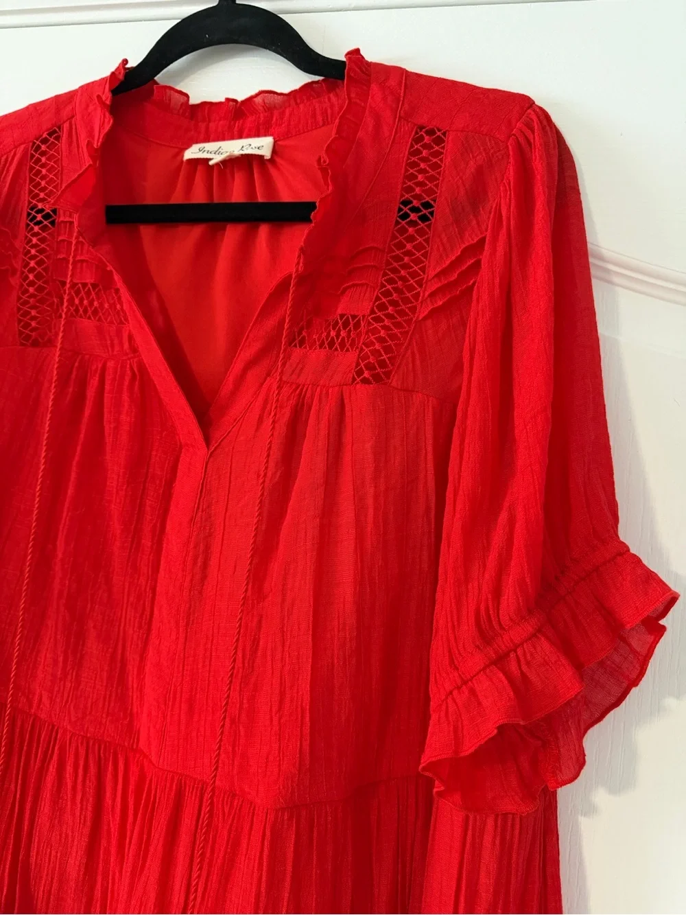 Red Boho Tie-Front Women's Dress - Picture 2 of 5